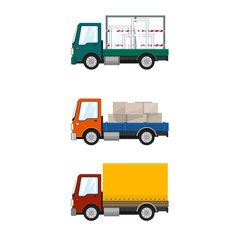 Set of Cargo Trucks, Car Transports Glass, Lorry with Boxes, Red Orange Small Truck, Delivery Services, Logistics, Shipping and Freight of Goods, Vector Illustration