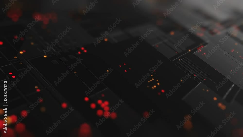 Poster abstract high tech digital technology background made of particles and metallic plates. 3d animation