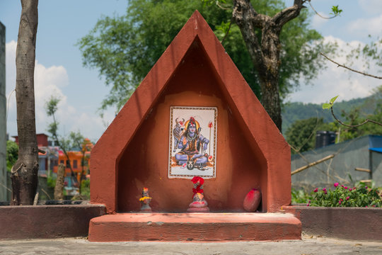 small triangular temple of shiva in pokhara. nepal