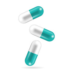 Realistic capsule pills are falling. Tablets in caplet forms and shapes. Vector illustration of medicine and drugs