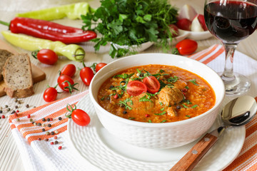 Traditional Georgian soup Kharcho with meat and rice.
