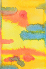 Handmade watercolour wallpaper, in wet on wet technique, with vivid red, yellow and blue paint