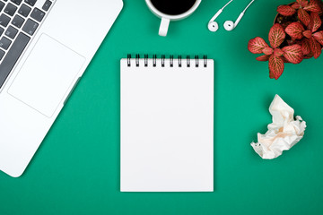 Modern office desk table with computer, blank notebook page and red plant