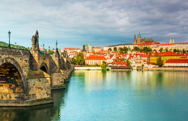 Obraz premium Prague historical center with castle,Hradcany,Charles bridge and Vltava river, Prague, Czech Republic
