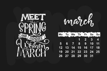 Vector calendar for month 2 0 1 8. Hand drawn lettering quote for calendar design