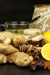 Ginger lemon honey and rosehip tea against influenza. Hot tea for colds. Home Pharmacy.