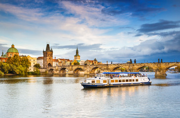 Scenic view on Vltava river and historical center of Prague,buildings and landmarks of old town, Prague, Czech Republic