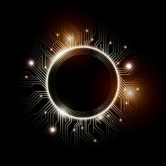 Microchip designs, CPU. Information communication technology elements with sparkles, blue luminescent circuit boards in the shape of circle, vector illustration