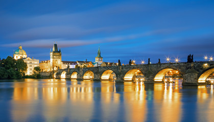 Scenic view on Vltava river and historical center of Prague, buildings and landmarks of old town, Prague, Czech Republic