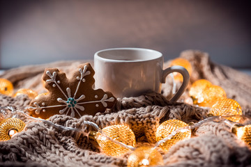 Christmas background with coffee in a white cup and gingerbread snowflakes on a brown knitted winter scarf and a glowing golden garland. Beautiful concept of home warmth