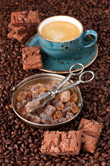 Composition with  coffee cup and tasty cookies with brown sugar