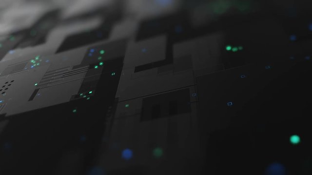 Abstract high tech digital technology background made of particles and metallic plates.  3D animation of seamless loop.