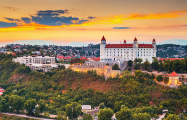 Amazing view on Bratislava castle and Slovak Parliament over Danube river in the historical center...