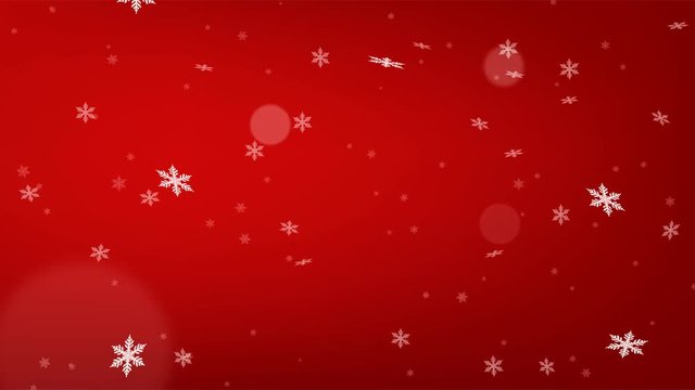 Beautiful red loopable abstract winter snow background with falling snowflakes and floating blurry glitter particles lights. 4K seamless loop video footage of the snowfall.