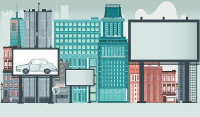 City, urban, downtown scene with high rise buildings and blank empty advertisement billboards with space for text, flat vector illustration. City, urban scene with billboards, advertising template