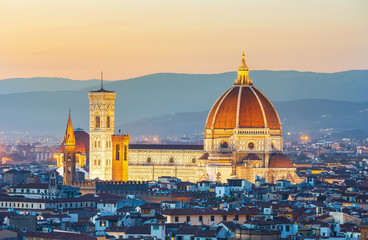 Fototapeta na wymiar Beautiful view on hard of amazing Florence city and the Cathedral at sunrise, Florence, Italy