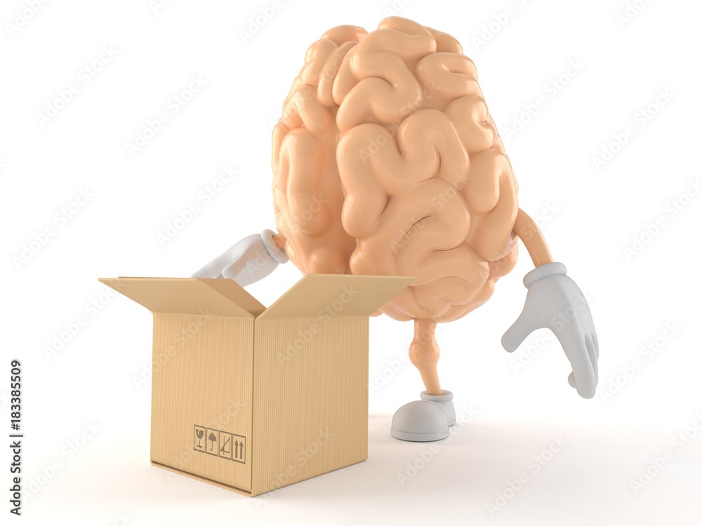 Wall mural brain character with open cardboard box