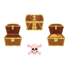 vector wooden treasure chest set and skull and cross bones. Isolated illustration on a white background. Opened, full of golden coins, closed and chained boxes and pirates , risk and adventure sign