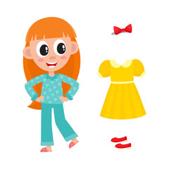 vector flat cute girl kid child with long red hair in funny nightgown and slippers standing smiling, outfit set - dress, shoes and bowtie. isolated illustration on a white background.