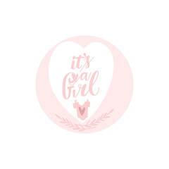 vector flat cartoon it's a girl inscription colored in pink in heart shape frame and baby t-shirt image. Isolated illustration on a white background.