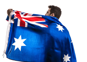 Australian fan celebrating on white background