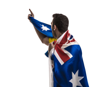 Australian fan celebrating on white background