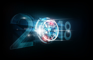 Happy New Year 2018 celebration with white light abstract clock on futuristic technology background, countdown concept, vector illustration