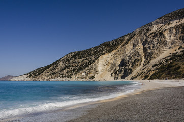 Fototapeta na wymiar breaking coastal line turquoise sea and mountain in myrtos beach kefalonia