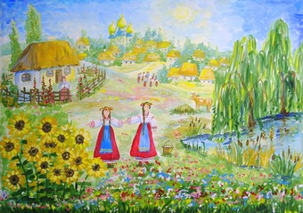 Ukrainian village, watercolor paintings  rural landscape. The art