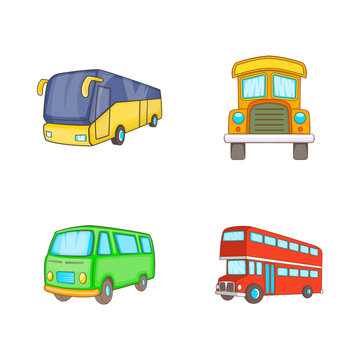 Bus icon set, cartoon style