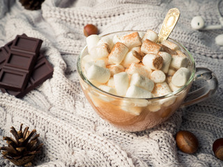 Cozy winter home background. Cocoa in a glass Cup with a marshmallow, chocolate cinnamon cones and nuts