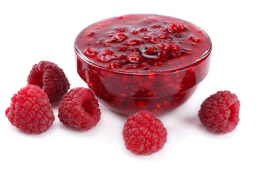 raspberry jam with raspberry berries isolated on white background