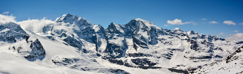 Fototapeta na wymiar Piz Bernina and Morteratsch peaks in Switzerland