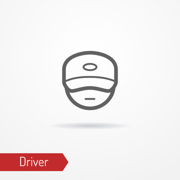 Typical simplistic driver face in baseball cap. Truck driver or delivery guy head isolated icon in line style with shadow. Profession and industrial vector stock image.