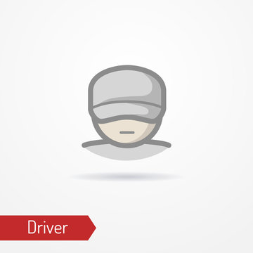 Typical simplistic driver face in baseball cap. Truck driver or delivery guy head isolated icon in flat style with shadow. Profession and people vector stock image.