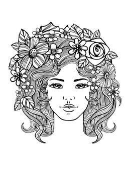 Beautiful woman face and floral pattern. doodle flowers. Black and white