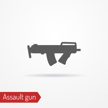 Abstract compact assault submachine gun. Isolated icon in line style with shadow. Typical police or army special forces weapon. Military vector stock image.