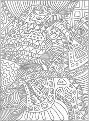 Coloring page with scribbles, plants, pattern.