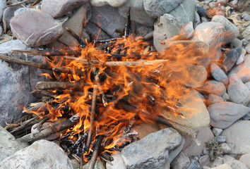 bonfire made with stones in a circle with a lively flame of fire