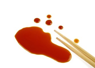 Soy sauce and chopsticks isolated on a white background, close up