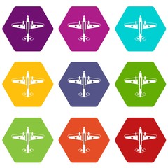 Military aircraft icon set color hexahedron