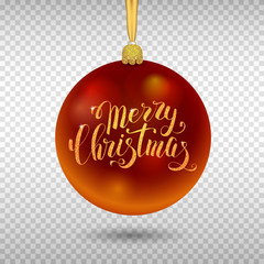 Xmas decoration, red glass ball with gold inscription Merry Christmas on transparent background. - 183390702