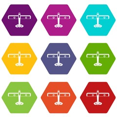 Military fighter plane icon set color hexahedron