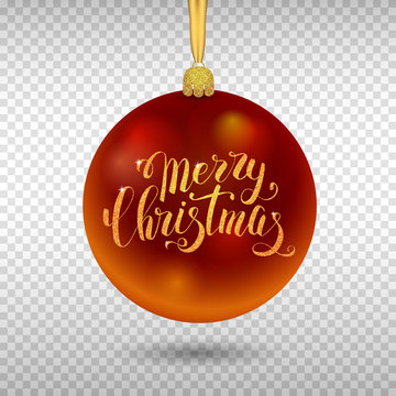 Xmas decoration, red glass ball with gold inscription Merry Christmas on transparent background.
