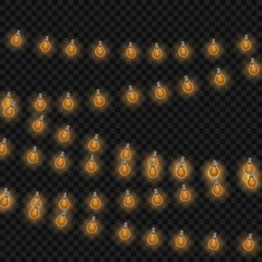 Christmas lights isolated on transparent background. Set of golden xmas glowing garland. Vector illustration