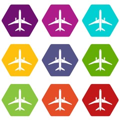 Plane icon set color hexahedron