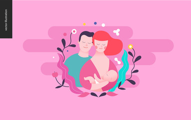 Reproduction - a breeding woman, baby and a man. on the pink background