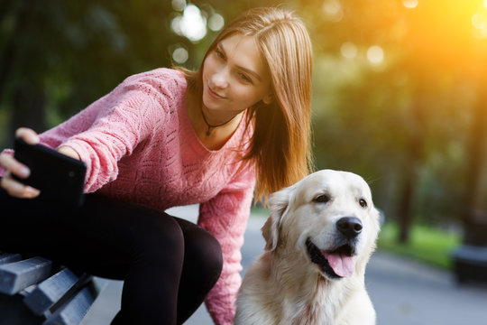 Image of woman on bench making selfie with dog in summer park.