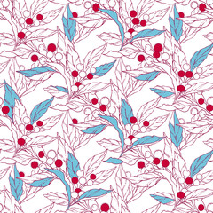 Seamless floral pattern with holly berries and branches