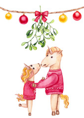 Festive Card with Kissing Unicorn under Mistletoe